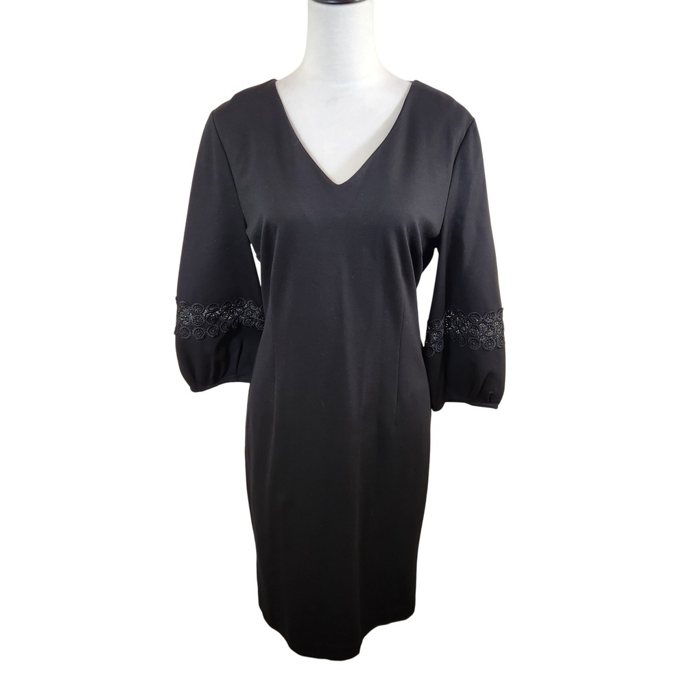 Talbots Black Lace Detail Midi Dress Womens Size 12 Balloon Sleeve Office Career